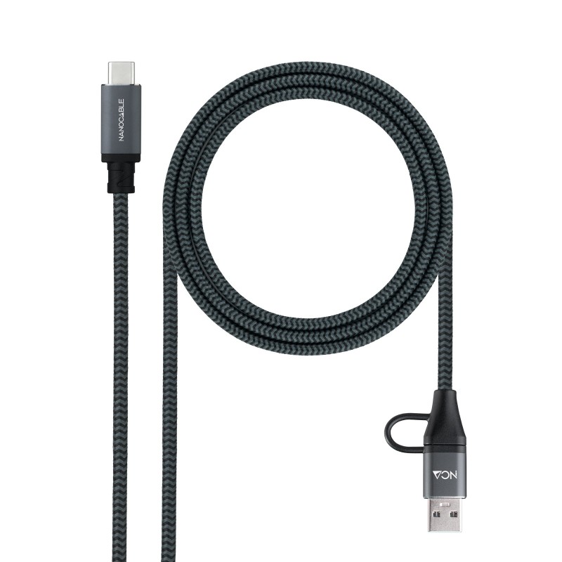 Cable USB 3.2 Gen2x2 20Gbps 5A/100W  USB-C+USB-A/M a USB-C/M  Gris/Negro  2m