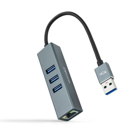 Conversor USB 3.0 a Ethernet Gigabit + 3XUSB 3.0  Aluminio  Gris  15 cm