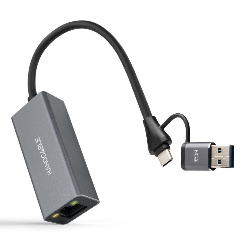 Conversor USB-C+USB-A/M 3.0 a Ethernet  Aluminio  Gris  15 cm