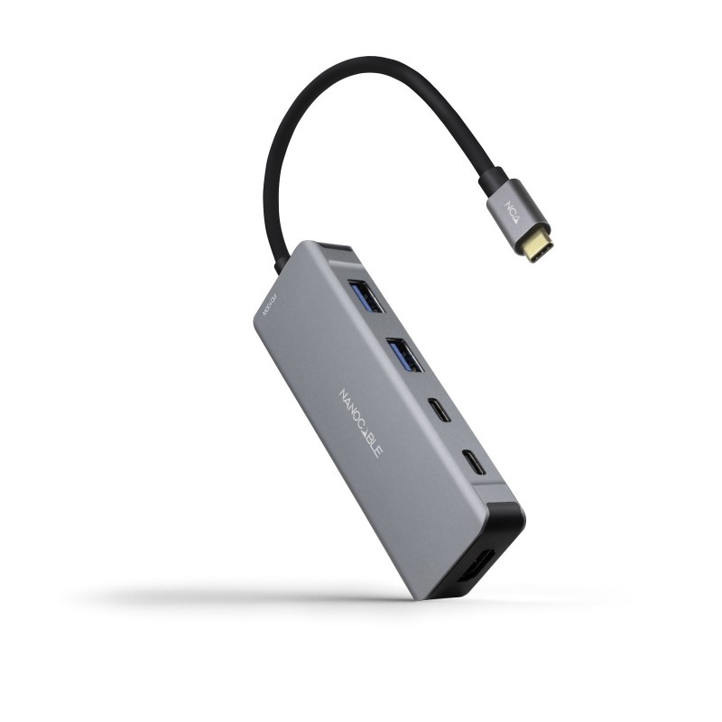 HUB USB-C 6 en 1  Conversor USB-C 3.2 GEN1 5G a 2 x USB-A + 2 x USB-C + HDMI + USB-C PD 100W  Aluminio  15 cm  Gris