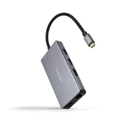 HUB USB-C 9 en 1  Conversor USB-C a 3 x USB-A + 2 x HDMI + RJ45 + TF + SD + USB-C PD 100W  Aluminio  15 cm  Gris