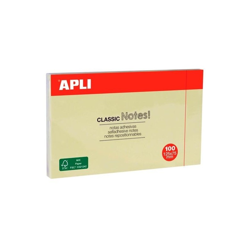 APLI NOTAS ADHESIVAS CLASICAS 125X75 MM AMARILLAS BLOC DE 100 H -12U-