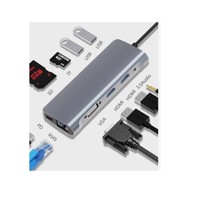ZM-BYL-2120 base para porttil y replicador de puertos Almbrico USB 2.0 Type-C Plata