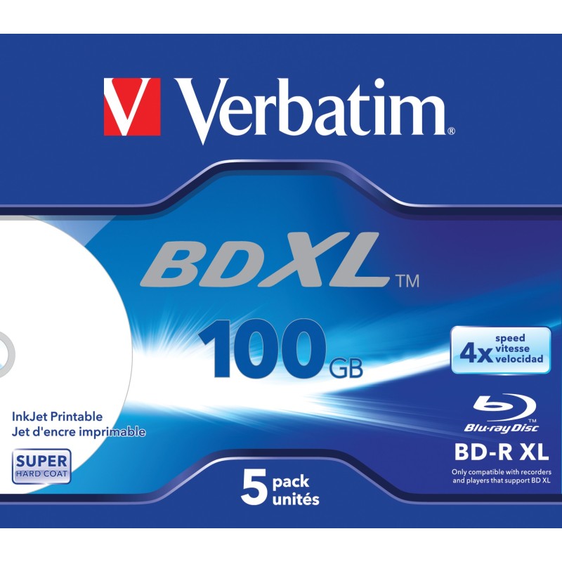 Paquete de cinco en caja Jewel con rea de impresin ancha para impresoras de inyeccin de tinta 4x 100 GB* BD-R XL