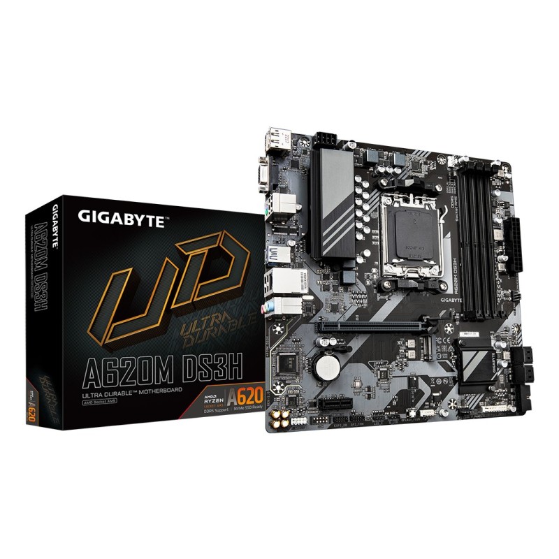 A620M DS3H Placa base - Soporta CPUs AMD Ryzen 8000  VRM digital de 5+2+2 fases  hasta 7600MHz DDR5 (OC)  1xPCIe 4.0 M.2  LAN Gb