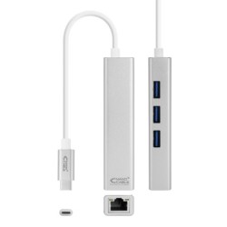 Conversor USB-C a Ethernet Gigabit + 3xUSB 3.0  Plata  15 cm