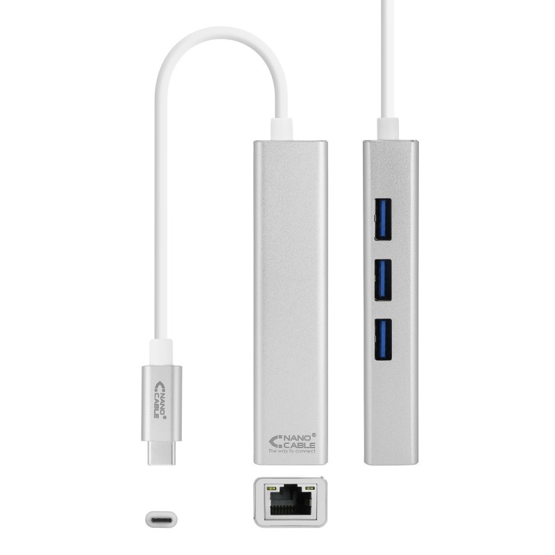 Conversor USB-C a Ethernet Gigabit + 3xUSB 3.0  Plata  15 cm