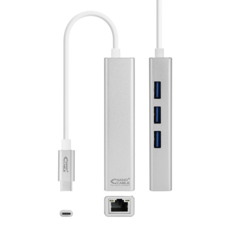 Conversor USB-C a Ethernet Gigabit + 3xUSB 3.0  Plata  15 cm