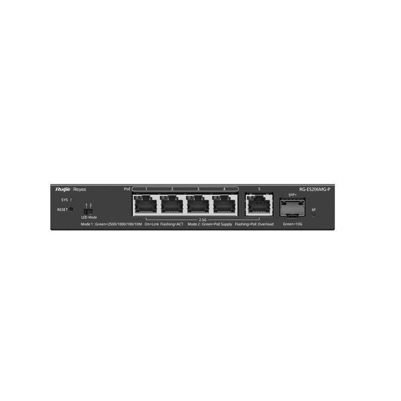 RG-ES206MG-P switch Gestionado L2 2.5G Ethernet (100/1000/2500) Energa sobre Ethernet (PoE) Montaje en pared/escritorio Negro
