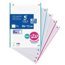 RECAMBIO CLASSIC 100H + 20H GRATIS A4 SUELTAS 90GR 5X5MM 4 TALADROS 5 BANDAS COLORES PASTEL