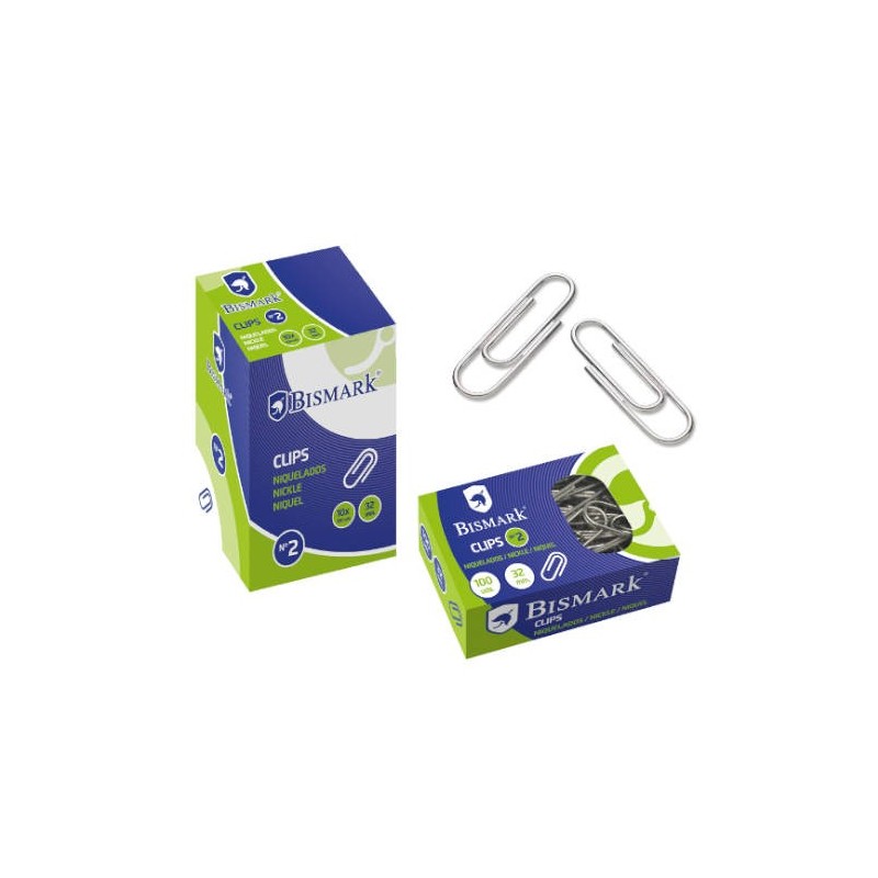 CAJA 100 CLIPS LABIADOS NIQUELADOS PUNTA REDONDA N 2 DE 32 MM. BISMARK 316865
