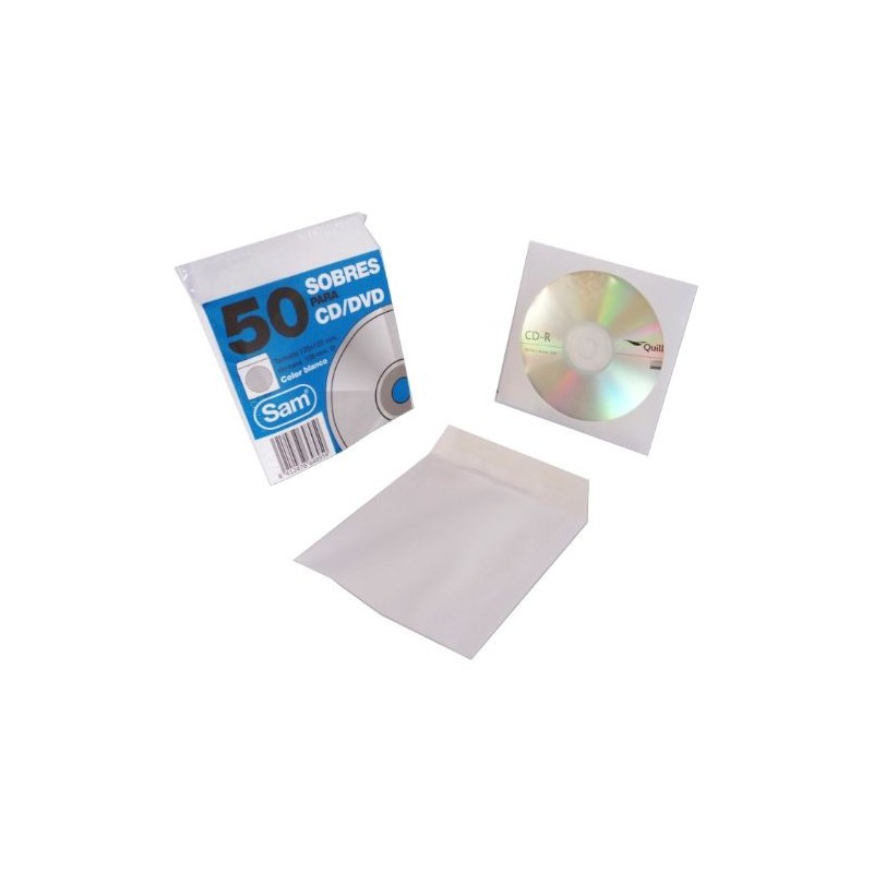 PAQUETE 50 SOBRES PARA CD / DVDS. BLANCO 90 GRS. VENTANA PLASTIC0 108 DIAMETRO 125X125 ENGOMADO AUTOADHESIVO SAM 664897